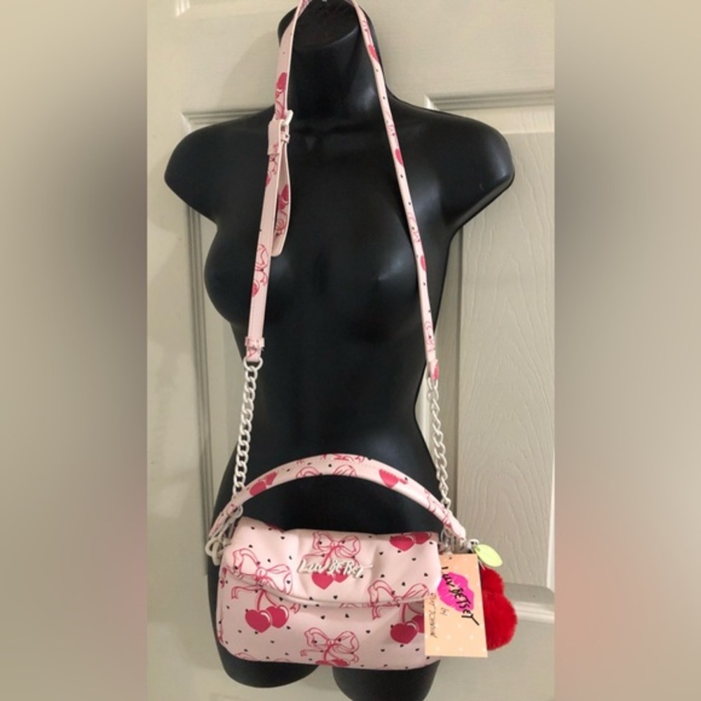 Betsey Johnson Luv Betsey Coral Pink multi puffy‎ red heart cherry crossbody bag